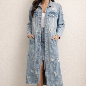 💙 Oversized Long Denim Jacket | Distressed Street Style